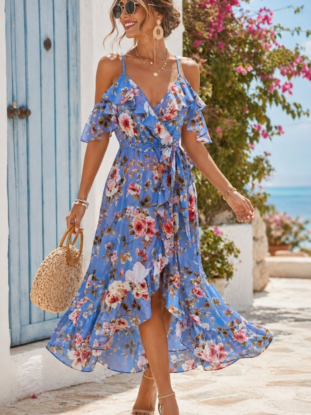 Design Lab Lord & Taylor Blue Floral Midi Wrap Dress size M